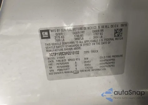 2015 GMC Sierra 1500 Slt from USA, damaged, VIN 3GTP1VEC3FG510102